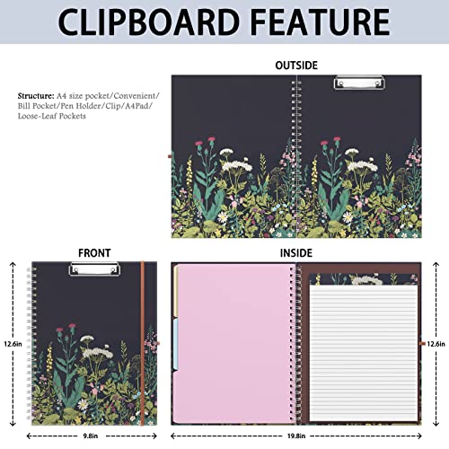 Rimilak Spiral Clipboard Folio with Refillable Lined Notepad, 14.5 x 9.8 in, Hardcover Cover with 5 Interior Pockets, Elastic Band and Pen Loop Series. Cute Stylish Clipfolio, Daisy Flower - Thumbnail 2