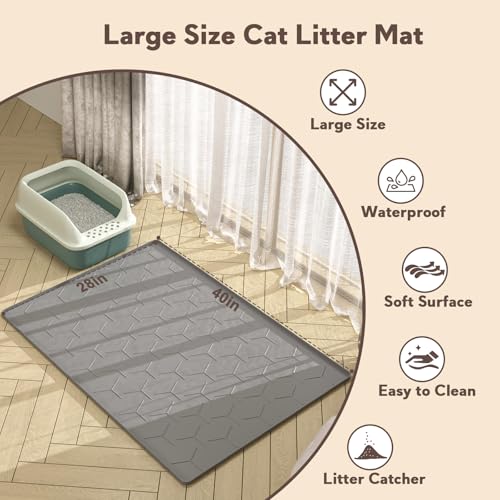 Image of Garoopion Cat Litter Mat, Large 40 inch X 28 inch Litter Catcher Rug, Waterproof Silicone Mat for Cats, Dark Gray