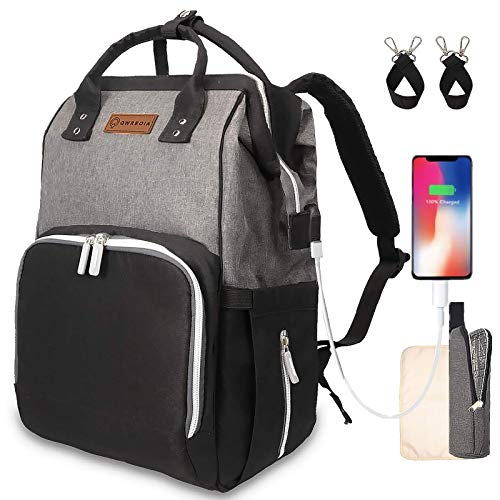 Diaper Bag Backpack Baby Bag for Baby with USB Charging Port Stroller Straps and Insulated Pocket, Nappy Bag for Dad/Boy/Mom/Girl/Toddler,by Qwreoia(Gray&Black)