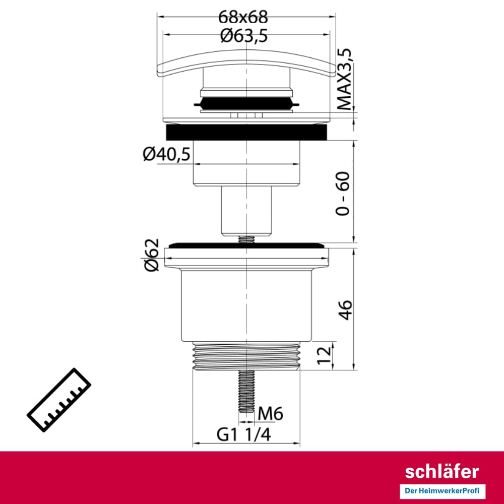 Schläfer 4051200 Piletta Click Clack Quadrata 1 1/4 Ottone, Scarico edl Lavabo e Bidet con Tappo Quadro Cromo Lucido Universale Bagno Moderno Chiusura a Pressione