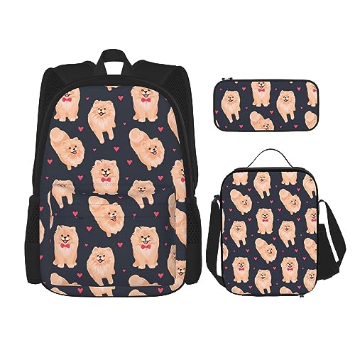 Sac à dos imprimé chiots de Poméranie noir avec boîte à déjeuner et trousse scolaire