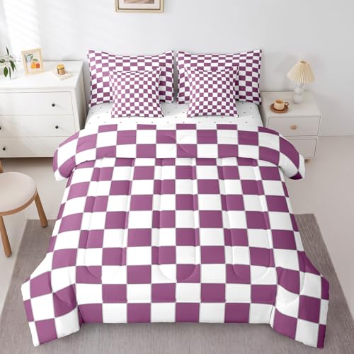 Image of Erosebridal Girls Purple Checkered Twin Bedding Set 7 Piece White Lavender Buffalo Plaid Grid Comforter Set with Sheets Checkerboard Bed in A Bag for Kids Teen Women Geometrical Gingham Bed Set