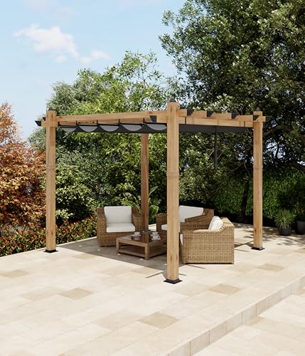 Image of KYBOLT 10x10 Ft Aluminum Pergola Outdoor Pergola with Retractable Canopy Wood-Grain Sun Shade Shelter for Garden Patio Backyar Deck(Gray)