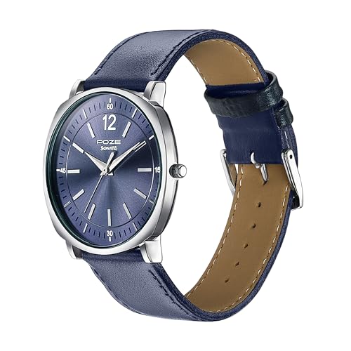 Image of Sonata Poze 6 Strokes and Stroll Quartz Blue Round Dial Men's Watch | Leather Strap Material | Watches for Men Analog - SP70002SL04