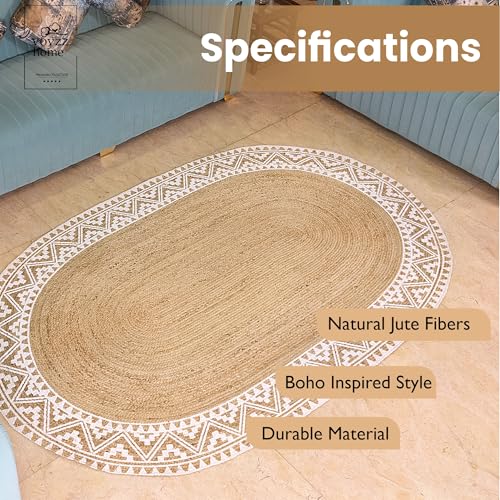 Image of voyzz home 5x8 Feet-Oval, Premium Natural Jute Braided Area Rug, White Printed Border, Stain Resistance, Natural Brown, Handmade Rug for Entryways, Living Room, Dining Room, Bedroom, Office, Farmhouse