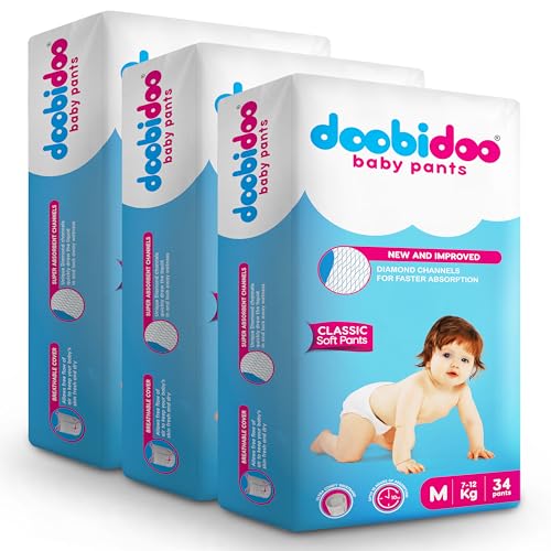 Image of Doobidoo Classic Baby Diaper Pants - M Size | High Absorbency with Cotton Bubble Soft Topsheet, Anti-Leak Side Cuffs & Rash-Free Comfort | Gentle Protection (7-12 kg) - Pack of 3 | 102 Count