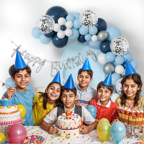 Image of Party Propz Birthday Decoration Kit for Boys - 58 Pcs Blue Birthday Balloon Decoration Set, Happy Birthday Decoration Kit for Husband, Blue, White, Silver Balloons (Foil, Latex,Cardstock)