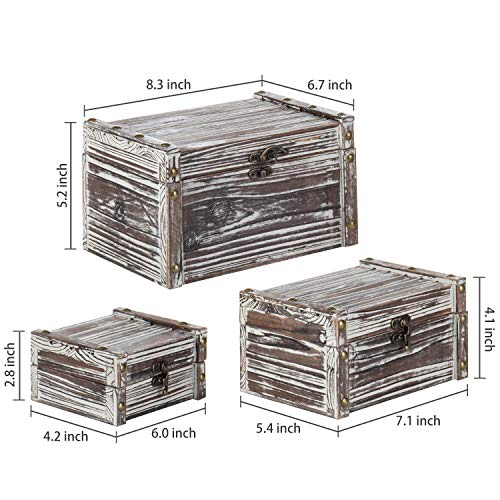 Mygift Torched Wood Decorative Box, Small Nesting Storage Chest Metal With Antique Latch Lock, 3 Piece Set #TOP2