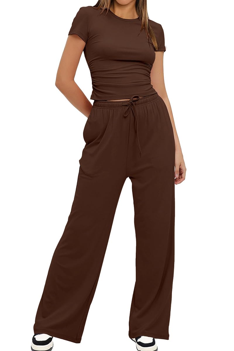 Tuta Donna Casual Elegante 2 Pezzi Top a Maniche Corta e Pantaloni a Gamba Larga con Tasche Coulisse Slim Fit Tuta Sportiva Donna Completa Due Pezzi Casual Ginnastica Estiva - 3