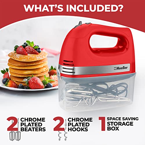 Mueller Electric Hand Mixer, 5 Speed 250W Turbo with Snap-On Storage Case and 4 Chrome-plated Steel Accessories for Easy Whipping, Mixing Cookies, Brownies, Cakes, and Dough Batters - Red