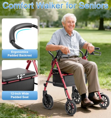 Image of HOMLAND Foldable Walkers for Seniors with Seat, 16lb Light Rollator Walkers | 22 inch Wide, 5-Level Height Adjustable, for Narrow Spaces, Comfortable Elastic Seat, Portable Rollator, Stylish Colors, Red