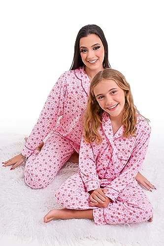 Kit Pijama Americano Mãe e Filha Feminino Inverno Malha Família Frio (MAE (G) FILHA (6anos), Morangu