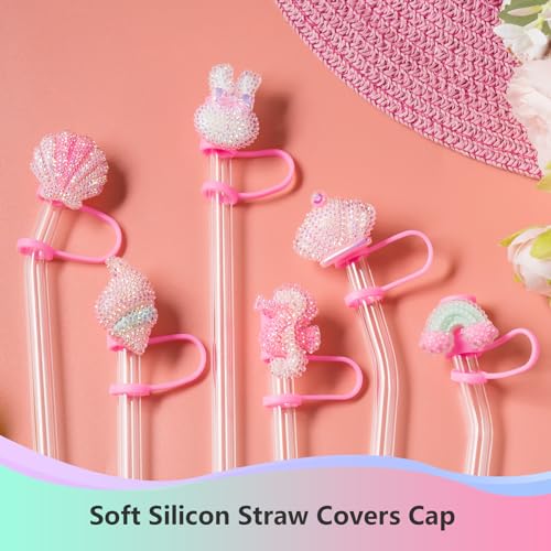 6Pcs Glitter Pink Straw Cover Cap for Stanley Cup, 10mm Reusable Cute Pink Drinking Straw Topper Accessories, Portable Protector Plugs Decorations Gifts for Kids Party Favors — view 3