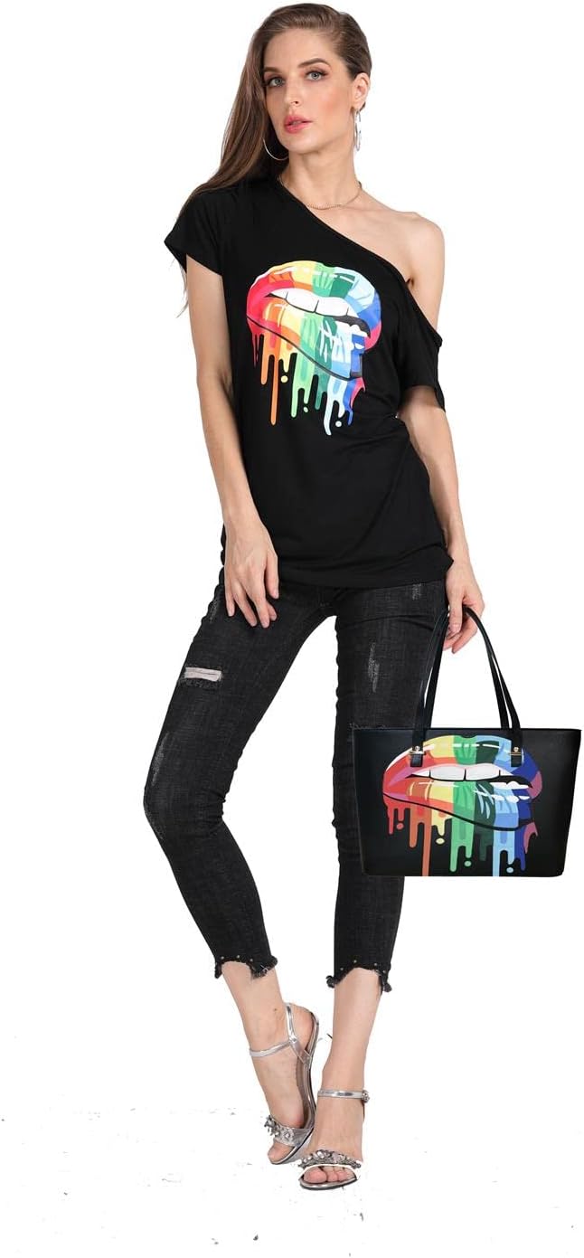 MAGICMK Women’s Short Lips Print Causal Off The Shoulder Plus Size T-Shirt Tops - Image 5