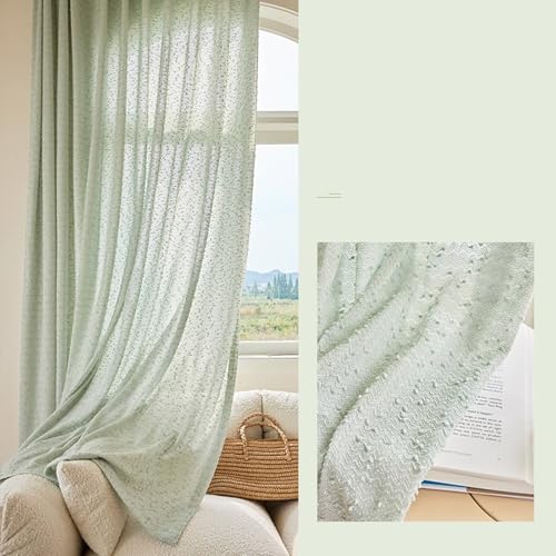 Voilage vert menthe a pompons Beydodo avec oeillets pour decoration salon