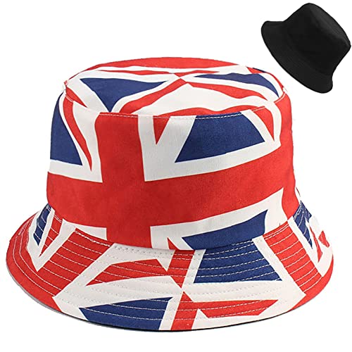 Malaxlx GB Great Britain Union Jack Flag Print Bucket Hat Beach Sun Hat Festival Fishing Hat for Women Reversible Double-Side Wear