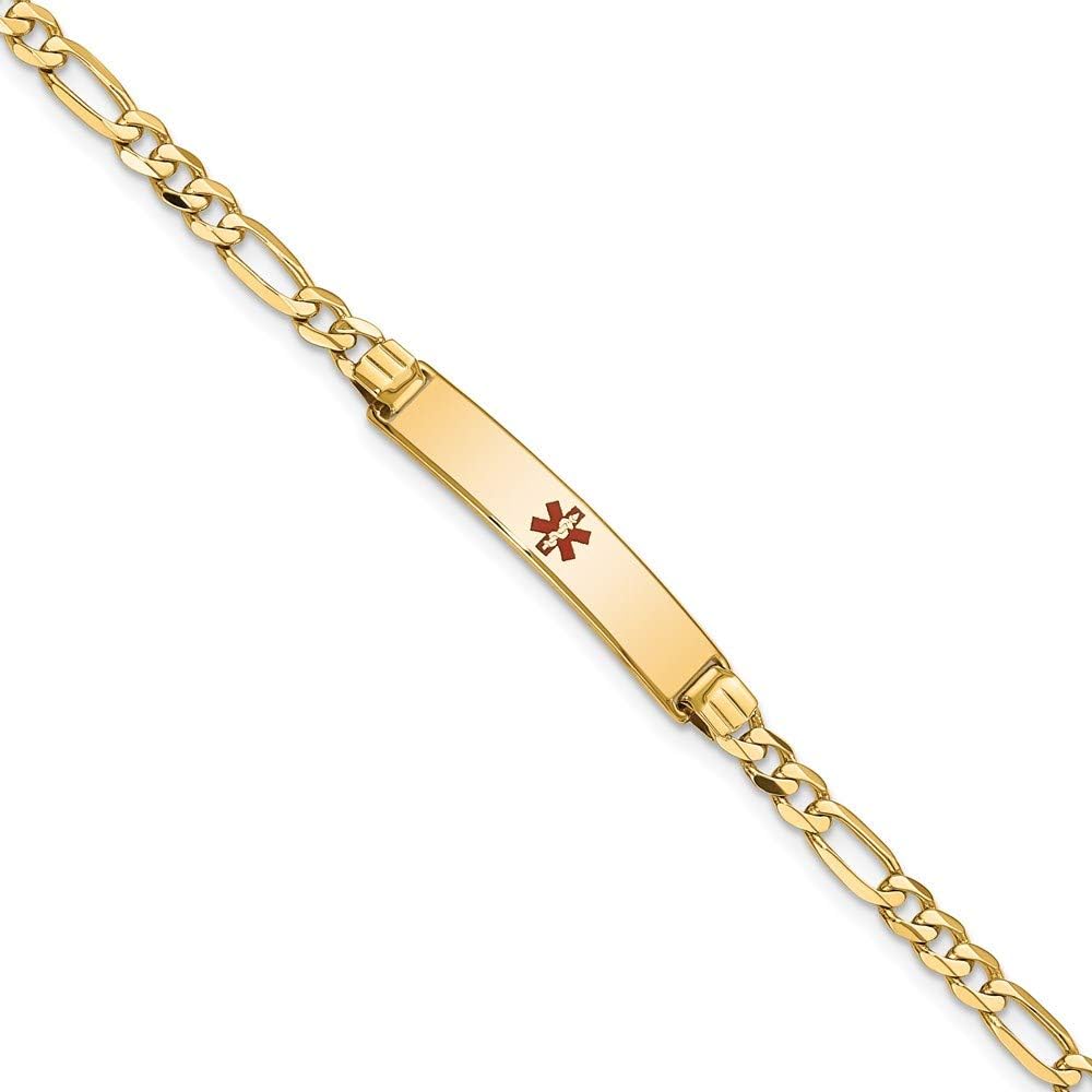 Engravable Personalized Custom 14K Yellow Gold Medical Red Enamel Figaro ID Bracelet For Men or Women Length 7 inches Width 5.5 mm