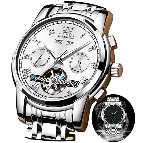OLEVS Watches for Men Automatic Skeleton Classic Luxury Dress Men's Watches Fancy Nice Tourbillon Self Winding Stainless Steel Waterproof Male Watch Big Face Luminous Relojes para Hombre