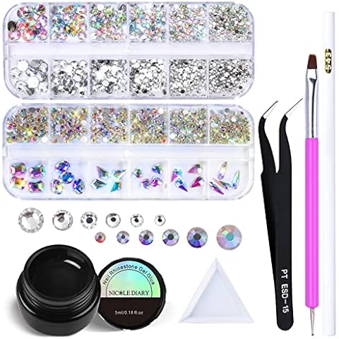 NICOLE DIARY Strasssteine Nägel nageldesign Nail Art Strasssteine Nagelsteine Nagel Kunst Strass Glitzersteine Nägel Strass Set mit Dotting Pen Nagel Pinsel Pick Up Pinzette Cover