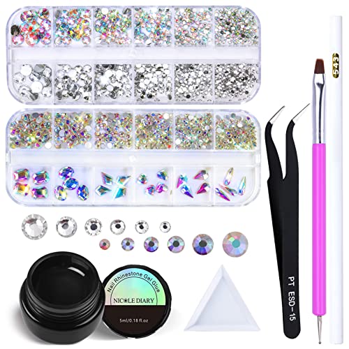 NICOLE DIARY Strasssteine Nägel nageldesign Nail Art Strasssteine Nagelsteine Nagel Kunst Strass Glitzersteine Nägel Strass Set mit Dotting Pen Nagel Pinsel Pick Up Pinzette Cover