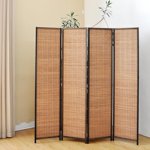 4 Panel Room Divider Screen,5.6 FT Tall Bamboo Panel Divider Folding Privacy Screen,Freestanding Room Divider for Room Seperation,Brown