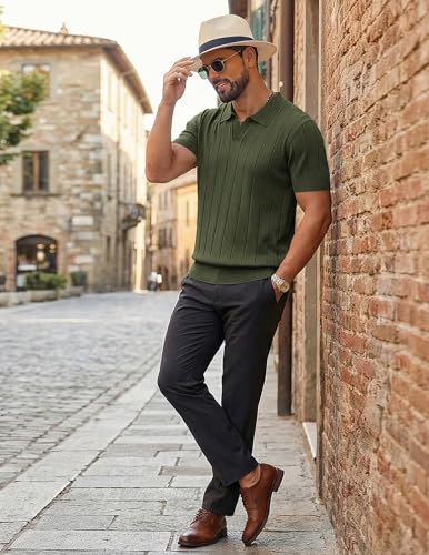 Image of COOFANDY Mens Polo Shirts Short Sleeve V Neck Knit Shirts for Men Casual Old Money Clothes Mens Golf Shirt