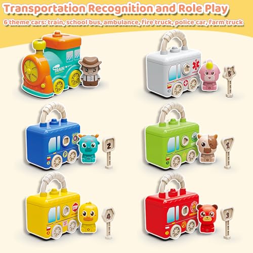 Image of Montessori Train Toys for 2 3 4 Year Olds - Toddler Learning Train Set with Lights & Sounds, 6 Vehicle Transport, Lock & Key Activity, Farm Animal Finger Puppets, Easter Birthday Gift for Boys Girls