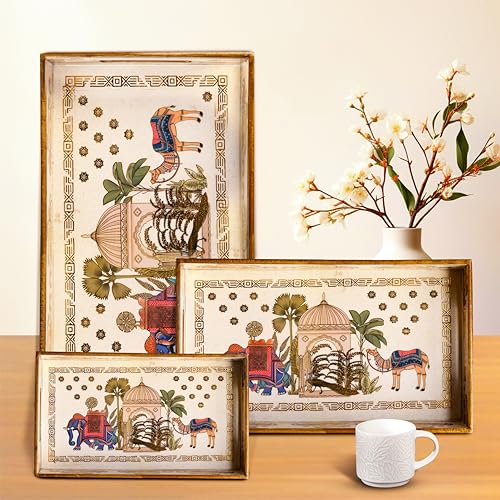 Image of Wooden Serving Tray Set of 3 | Enamel Coated Waterproof Rectangular Trays with Gold Engraving | Tea, Snacks & Dining Table Decor | Home & Kitchen Decorative Center Table Trays