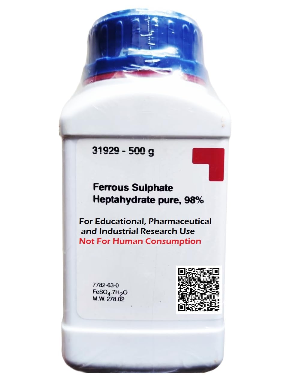 SRL Ferrous Sulphate Heptahydrate pure, 98% 500Gm, CAS7782-63-0, Molecular Formula : FeSO4.7H2O, Molecular Weight : 278.02, Storage : Room Temperature, Shelf Life : 60 Months for laboratory use only.