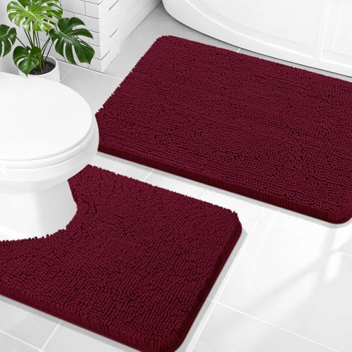 Image of OLANLY Bathroom Rugs Sets 2 Piece, Soft Absorbent Chenille Bath Mats and U-Shaped Contour Toilet Mat Area Rug Set, Machine Washable Bath Carpet, Home Decor Accessories(30 inchx20 inch+24 inchx20 inch, Burgundy)