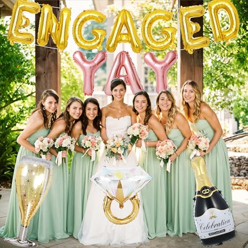 Image of Gold Engagement Party Decorations, Engaged Yay Balloons Letters Banner, Diamond Ring Black Champagne Bottle Balloon Glass Foil Balloon for Bachelorette Engagement Wedding Bridal Shower Party Supplies