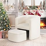 COLAMY Upholstered Sherpa Barrel Accent Chair with Storage Ottoman, Morden Living Room Chair, Armchair Single Sofa for Bedroom/Reading Spaces, Cream
