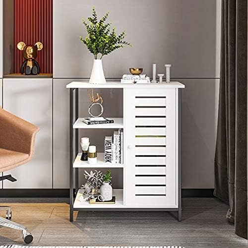 YITAHOME Side Storage Cabinet, Cupboard, Sideboard, Floor Cabinet with 3 Open Shelves and Door, Stable Metal Frame, Suit for Living Room, Bedroom, Hallway, Kitchen, White