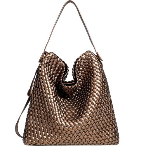 DSGUTWO Woven Leather Tote Bag for Women Large Woven purses shoulder bag Fashion Shopping Travel Handbags (Bronze)