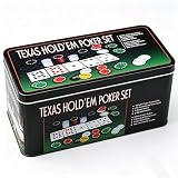 ISDI Set de póker Caja de Metal, 200 fichas de póker, 2 Cubiertas, botón de repartidor, ciega pequeña, Gran ciega, tapete de Juego