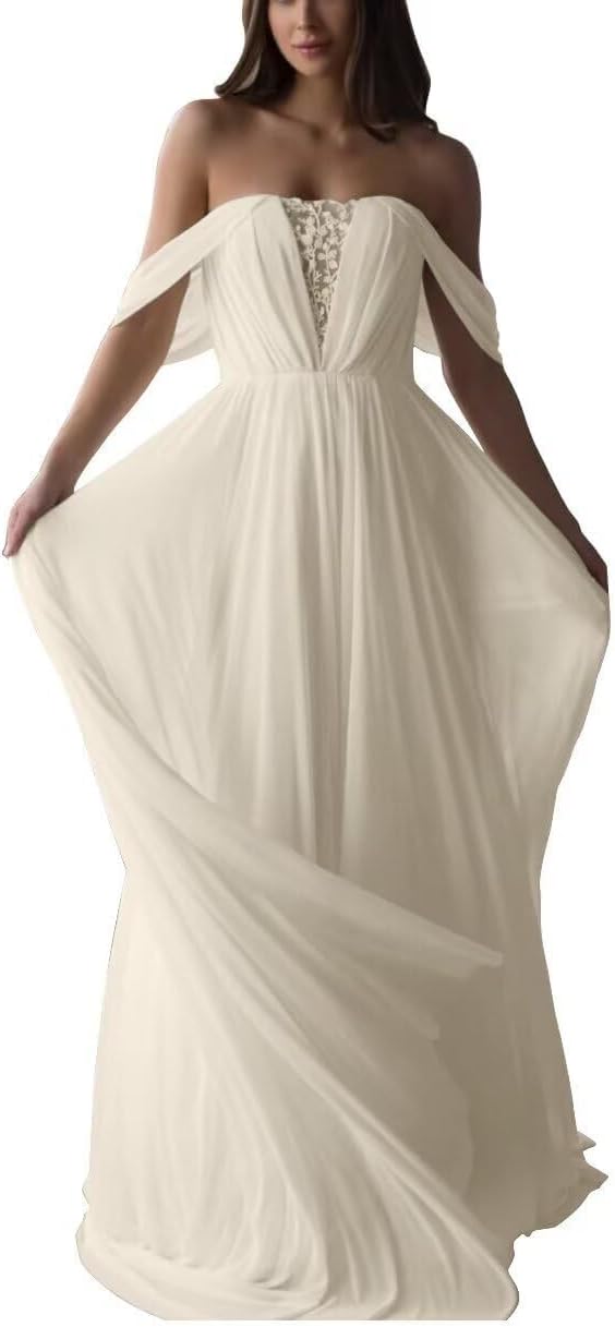 Generic Women's Off Shoulder Chiffon Wedding Dresses for Bride Simple Boho Beach Wedding Dress LAW500