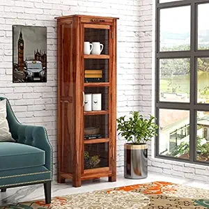 Wooden Bookcases Solid Sheesham Wooden 1 Door 4 Selves with Storage Living Room Home and Office,Brown Honey Finish