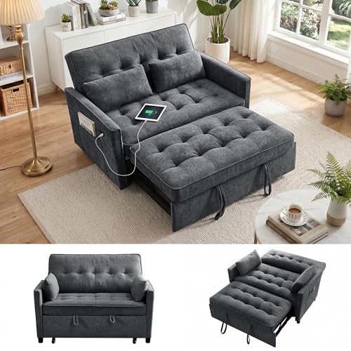 Dreamzie 55 3 in 1 Convertible Sofa Bed with USB Charging Ports Pull Out Couch with Adjustable Backrest and Side Pockets Sleeper Sofa for Living Room Apartment RV Easy Assembly - Dark Grey