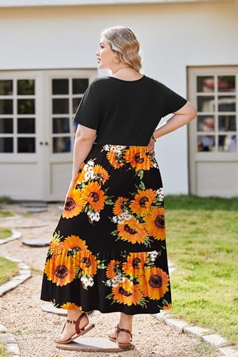Image of IN'VOLAND Women Plus Size Short Sleeve Dress Loose Plain Casual Summer Flowy Tiered Long Maxi Dresses with Pockets