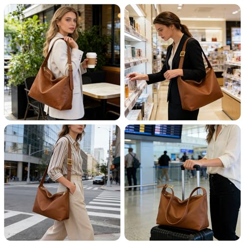 Bolso Tote espacioso marrón de cuero PU para mujer miniatura 5