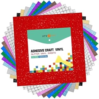 HTVRONT Permanent Vinyl Glitter Adhesive Vinyl Sheets 12" x 12" Shimmer Vinyl, 10pcs Assorted Colours Self Adhesive Vinyl Sheet with 3pcs High Tack Transfer Tape