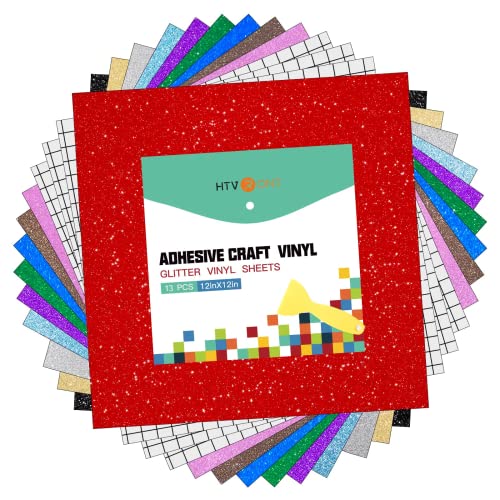 HTVRONT Vinylfolie Plotter Selbstklebend 13 Stück, Glitzer Vinylfolie Plotter 30.5 x 30.5cm Plotterfolie Vinyl, 10 Farbe mit 3 Transferfolie Plotter für Silhouette Cameo, Tassen, Glas Dekorieren Cover