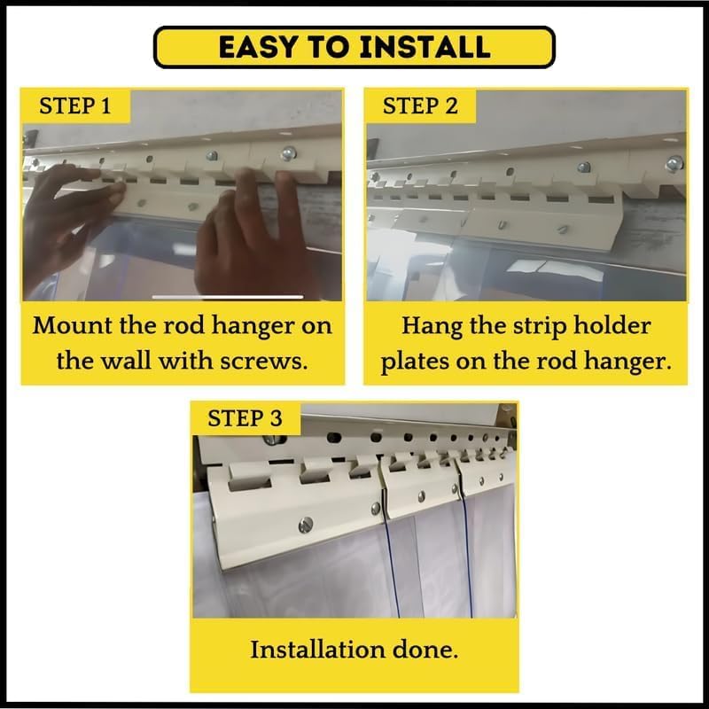 Image of Qlarity Covers 2mm Thick PVC Strip AC Curtain | Size- 48 (20x20x8) 3pcs Inch Wide Hanger X 8 Feet Long | 6 Strips, 8.5 Inches Wide Vinyl Transparent Door Curtain | Mount Hanger for Cold Storage /Office