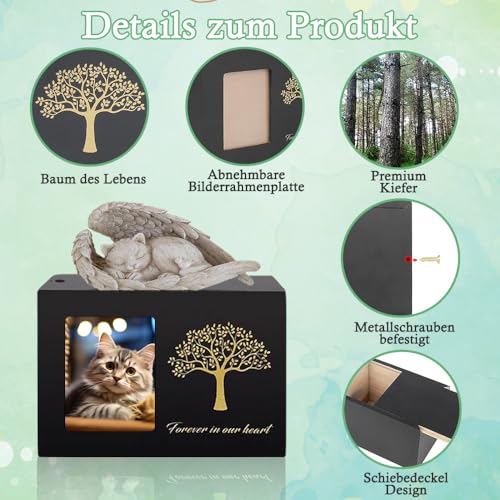 Exquilnova Tierurnen für Katze, Holz Schwarz Urne Katze, Katzenurne mit katzen angel und Fotorahmen, Gedenkbox für Asche Hund, Katzen und Andere Haustiere – zur ewigen Erinnerung (Katzenenge)