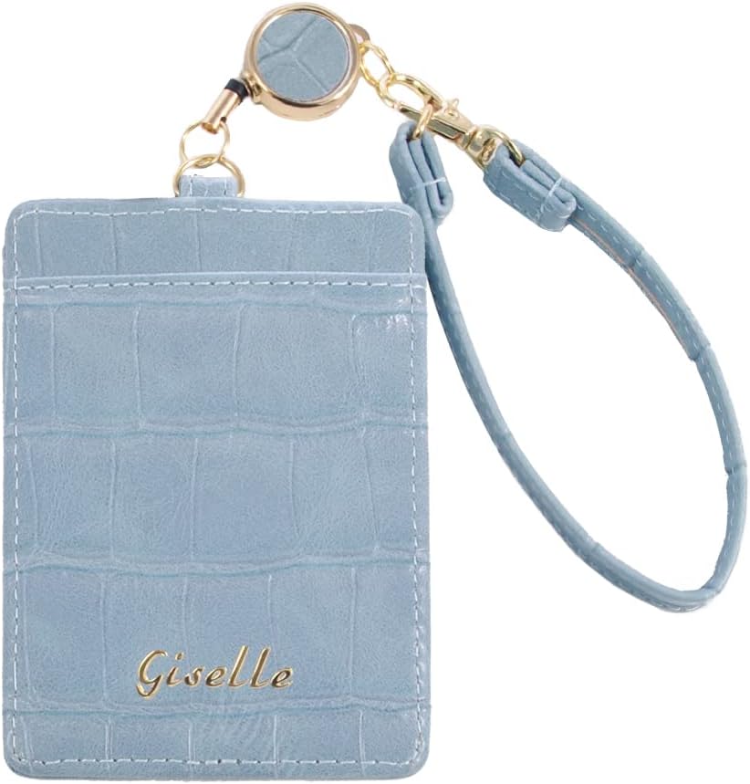 [ジゼル] パスケース リール付き レディース 定期入れ メンズ idカードホルダー icカードケース 社員証 カードケース 両面 ストラップ付 通勤 通学 クロコ風型押し(Baby Blue/ベイビーブルー（ゴールド箔)
