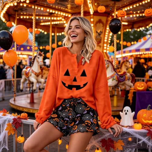 Image of Roshop Halloween Pajama Women's Pumpkin Matching Top & Shorts Loungewear Set