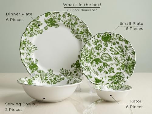 Image of Bodhi House Porcelain Dinner Set 20 Pieces - Green Leaf White Dinnerware Set | 6 Dinner Plates, 6 Quarter Plates, 6 Katori Bowls, 2 Serving Bowls | Premium Crockery Set for Dining, Kitchen & Gifting