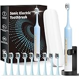 Lumivoid Sonic Electric Toothbrush for Adults & Kids - 10 Brush Heads, 30-Day Battery, 5 Modes, 2-Min Timer, IPX8 Waterproof, Rechargeable & Travel-Friendly (Blue White)