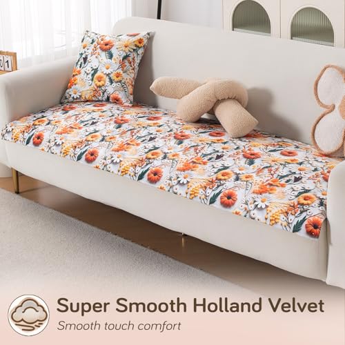 Image of HOKIPO 'Nature Muse' Premium HD Printed Holland Velvet Sofa Cover Mat for 1 /2 /3 Seater & L-Shape Sofa. Make Your Own Sofa Cover Set, Mat 70(D) x 240(L) cm, Marigold Bloom (IN-920-D7)