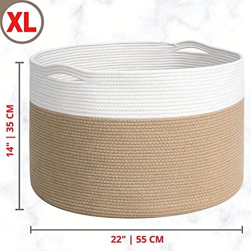 Mintwood Design Extra Large 22 X14 Inches Decorative Woven Cotton Rope Basket, Laundry Basket, Blanket Basket, Baby And Dog Toy Storage Baskets Bin, Kid Laundry Hamper, Towel Basket, Beige #TOP1